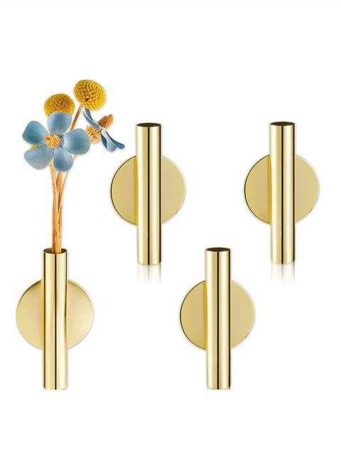 4 Pieces Wall Mounted Flower Tube Metal Vase Decoration Holder Dried Racks with Adhesive Tape for Display (Gold)