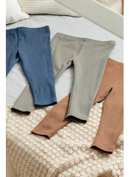 Tchibo Toddlers Girl 3 Pieces Ribbed Leggings, Indigo/Brown/Sage  - Image 1