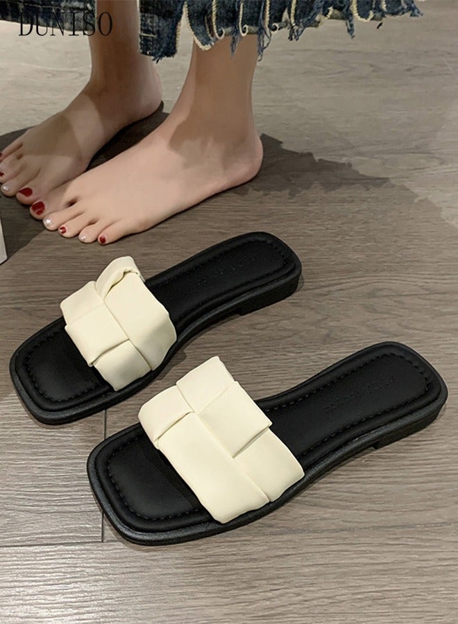 DUNISO Women's Slip On Flat Sandals Square Open Toe Slide Sandals Comfortable Women Slippers Nonslip Backless Beach Slip for Indoor and Outdoor - Image 4