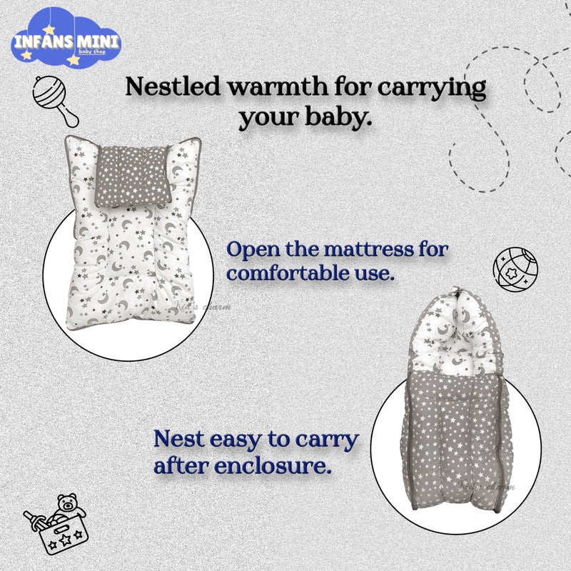 Infans Mini Star Moon Mini 3 in 1 Baby's Cotton Bed Cum Carry Bed Printed Baby Sleeping Bag-Baby Bed-Infant Portable for Unisex Easily Portable, Light Weight Carry for New Born 0-4 Months Old(Grey) - Image 3