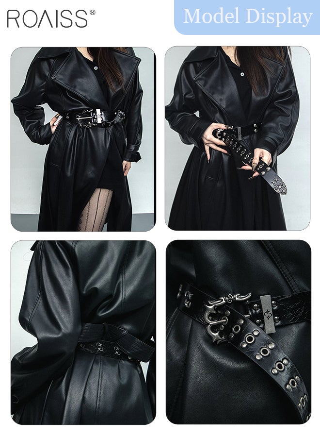 roaiss 2 Pcs Retro Punk Belts for Women Men Black Gothic Studded Belt Rock Denim Belt with Heavyweight Hollow Metal Buckle, Suitable for Everyday Wear with Jeans and Coats - Image 2