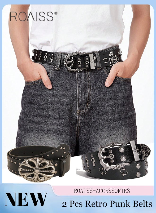 roaiss 2 Pcs Retro Punk Belts for Women Men Black Gothic Studded Belt Rock Denim Belt with Heavyweight Hollow Metal Buckle, Suitable for Everyday Wear with Jeans and Coats - Image 1