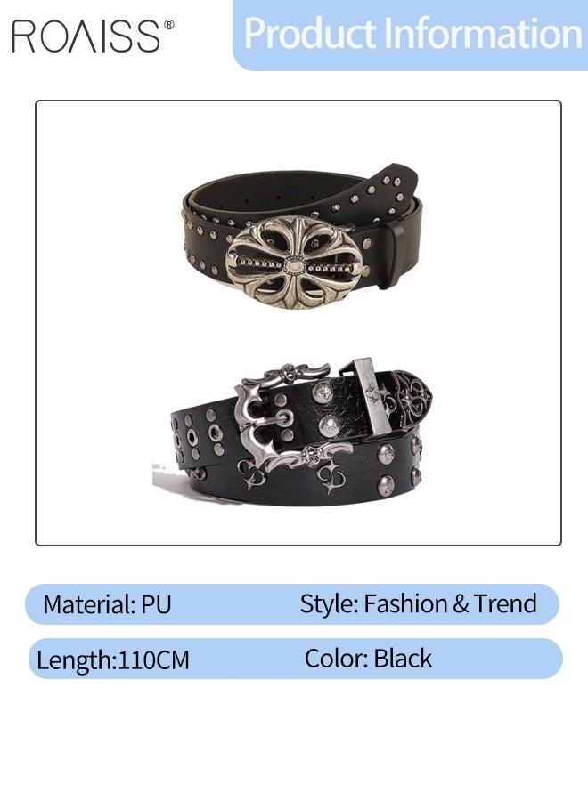 roaiss 2 Pcs Retro Punk Belts for Women Men Black Gothic Studded Belt Rock Denim Belt with Heavyweight Hollow Metal Buckle, Suitable for Everyday Wear with Jeans and Coats - Image 3