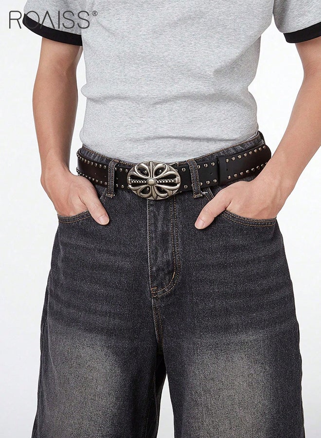 roaiss 2 Pcs Retro Punk Belts for Women Men Black Gothic Studded Belt Rock Denim Belt with Heavyweight Hollow Metal Buckle, Suitable for Everyday Wear with Jeans and Coats - Image 5