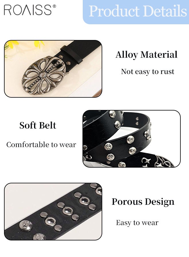roaiss 2 Pcs Retro Punk Belts for Women Men Black Gothic Studded Belt Rock Denim Belt with Heavyweight Hollow Metal Buckle, Suitable for Everyday Wear with Jeans and Coats - Image 4