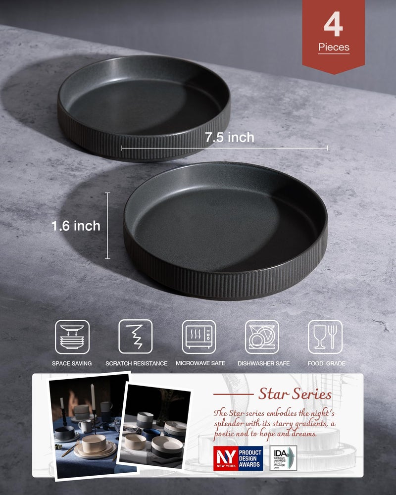 famiware Star 7.5" Pasta Bowls Set, Salad Bowl Set of 4, Double Reactive Glaze, Stackable, Ideal for Your Friend for Housewarming, Festivals, Matte Dark Charcoal (Full Glaze) - Image 2