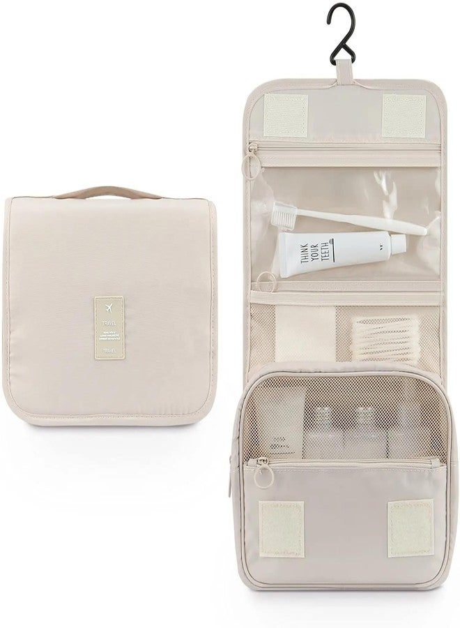 HOUVIDA Large Capacity Travel Cosmetic Bag Transparent Waterproof Portable with Handle and Hanging Hook Multifunctional Bag Makeup Accessories for Women (Beige Color) - Image 2