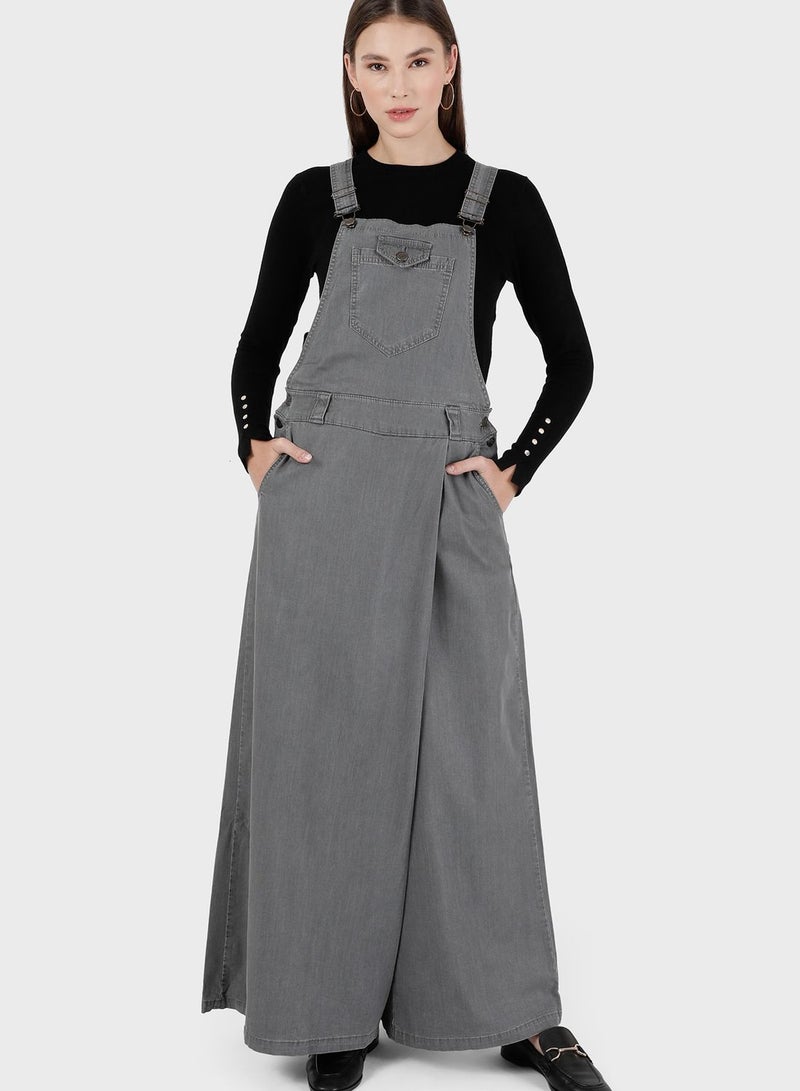 Modanisa Wide Leg Pocket Detail Denim Jumpsuit  - Image 1