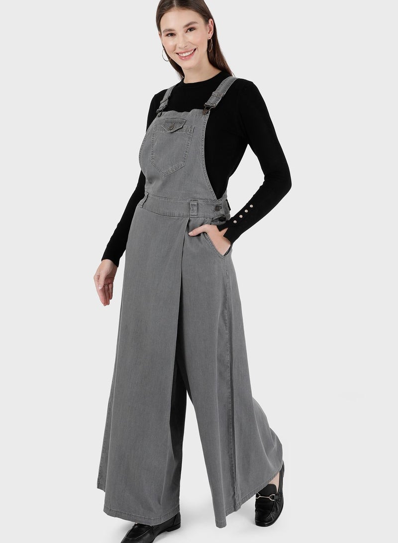 Modanisa Wide Leg Pocket Detail Denim Jumpsuit  - Image 4