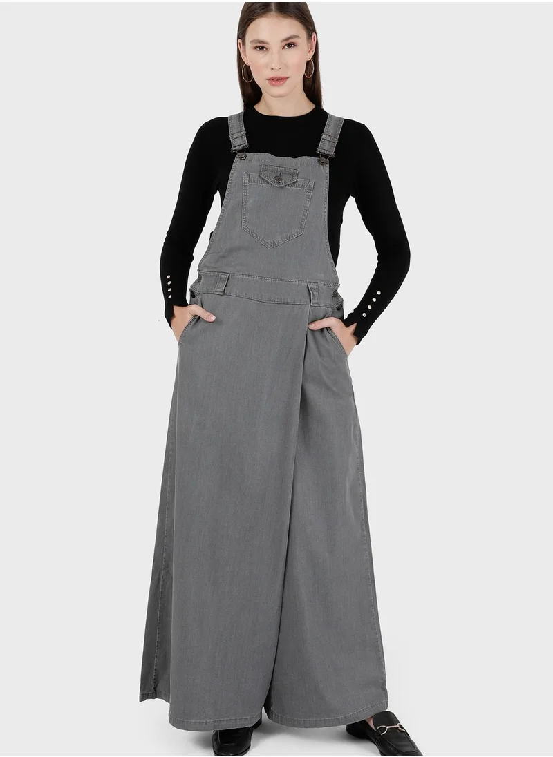 Modanisa Wide Leg Pocket Detail Denim Jumpsuit