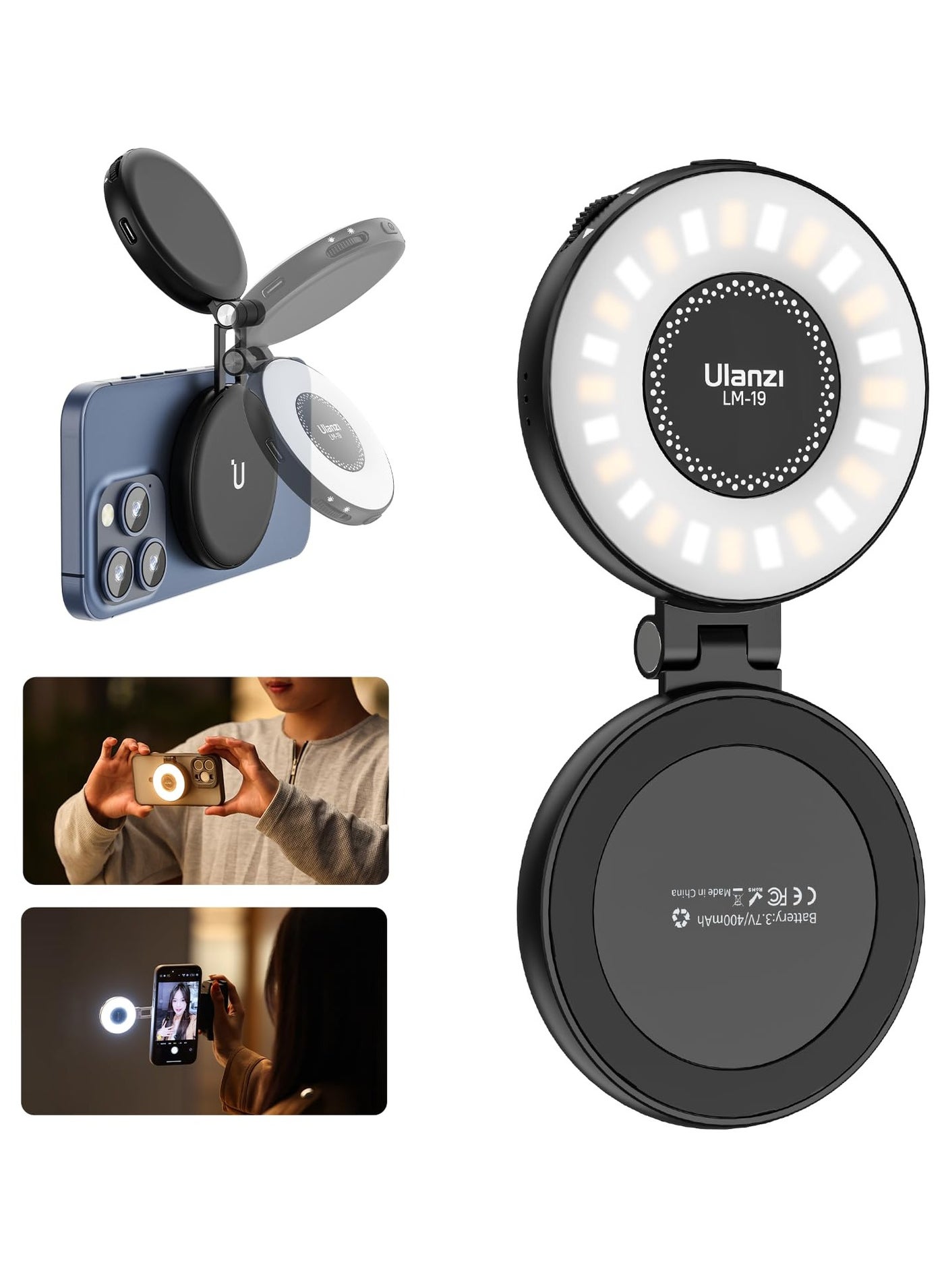 ULANZI Magnetic Selfie Light, LED Fill Light Compatible with Magsafe, LED Selfie Ring Light Included Sticky Ring for Phones, for Selfies/Photography/TikTok/Zoom Calls/Video Conference Color Black