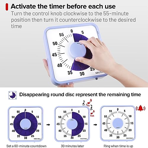 Secura 7.5 Inch Visual Timer, 60 Minute Oversize Visual Countdown Timer for Kids and Adults, Durable Mechanical Time Management Tool (Violet) - Image 3