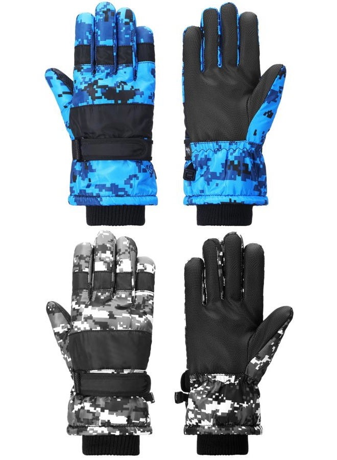 Satinior 2 Pairs Kids Waterproof Winter Snow Gloves Ski Gloves for Boy Girl Outdoor Warm Thickening Snowboard(Blue, Black,3-6 Years) - Image 1