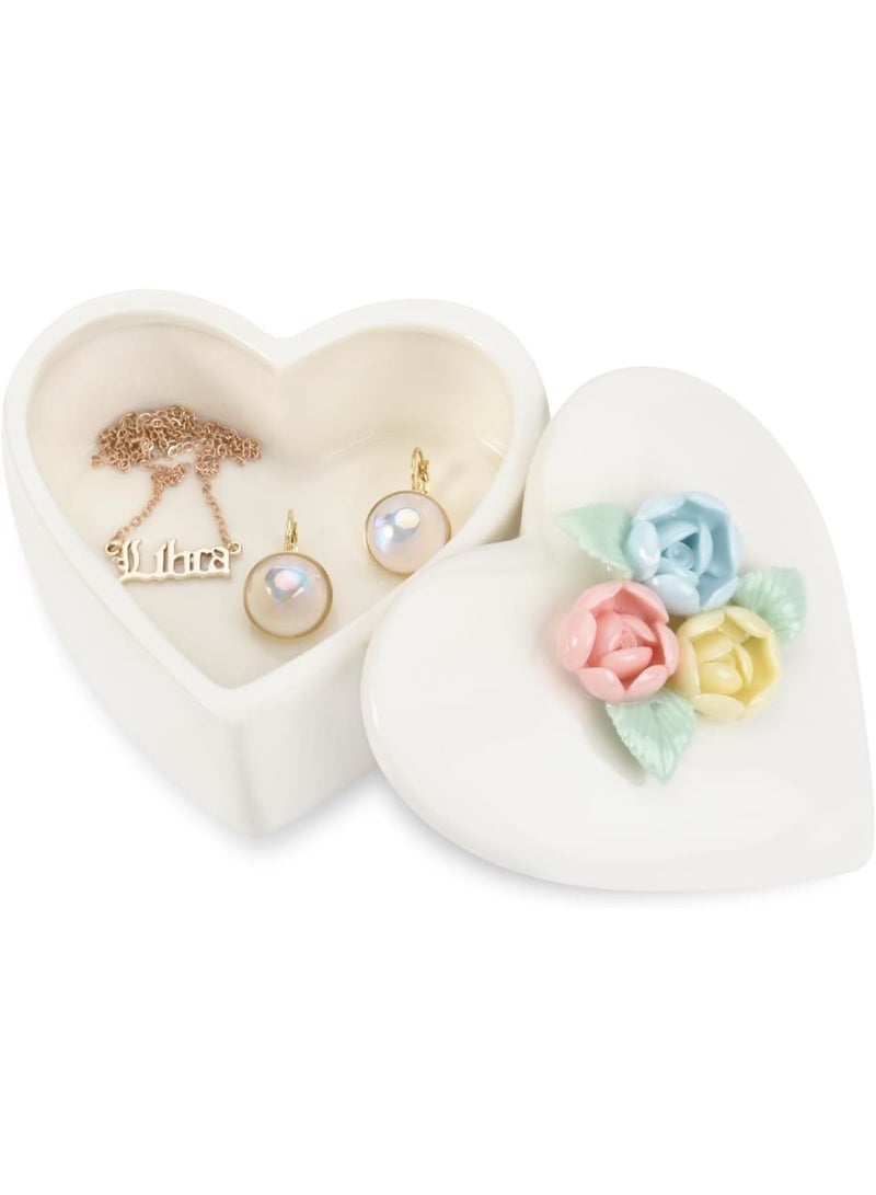 SOLARAE Jewelry Box for Women - Small Storage Box with Lid for Rings, Earrings, Necklaces, and Beads - Home Decoration - Mother's Day Gift (White Heart Box with Orange Pink Flower) - Image 1