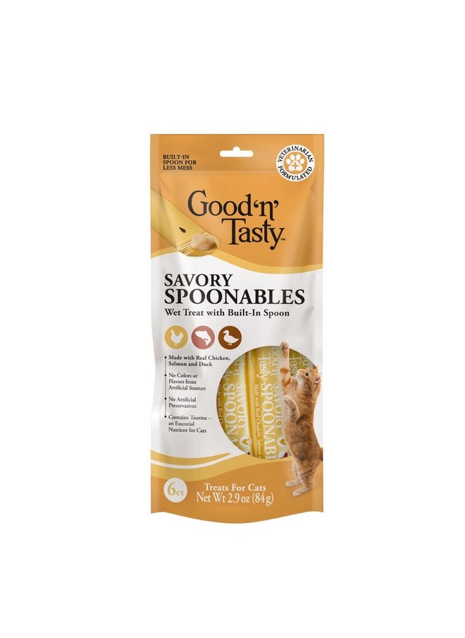 Good'n'Fun - Good ‘n’ Tasty Savory Spoonables with Real Chicken, Salmon & Duck, 6 Count Tube, Triple Flavor Squeezable Lickable Wet Treats for Cats with Built-in Spoon for Less Mess - Image 1