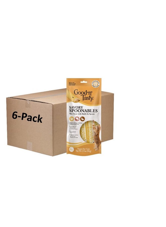 Good'n'Fun - Good ‘n’ Tasty Savory Spoonables with Real Chicken, Salmon & Duck, 6 Count Tube, Triple Flavor Squeezable Lickable Wet Treats for Cats with Built-in Spoon for Less Mess - Image 1