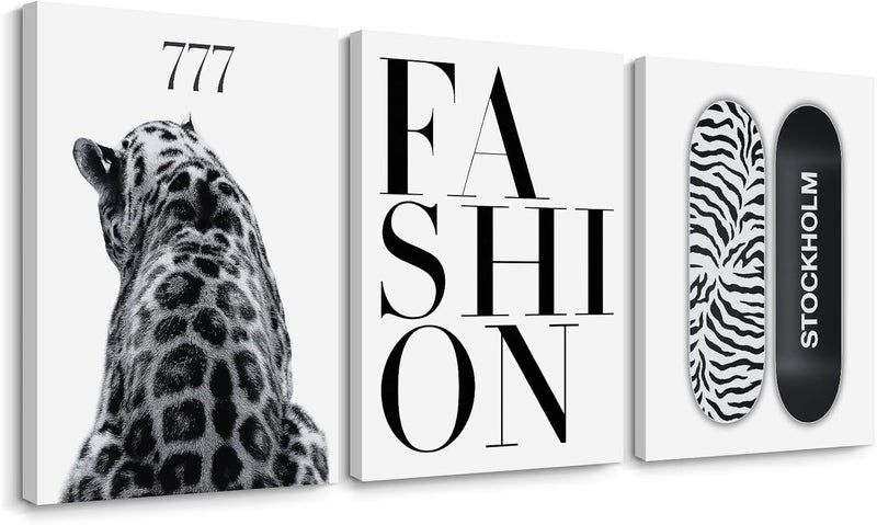 Youillne Trendy Leopard Wall Art Black White Cheetah Wall Decor Fashion Aesthetic Canvas Posters Preppy Stockholm Prints Stylish Cheetah Pictures Y2k Painting for Bedroom 12x16 Inch Framed Set of 3 - Image 1
