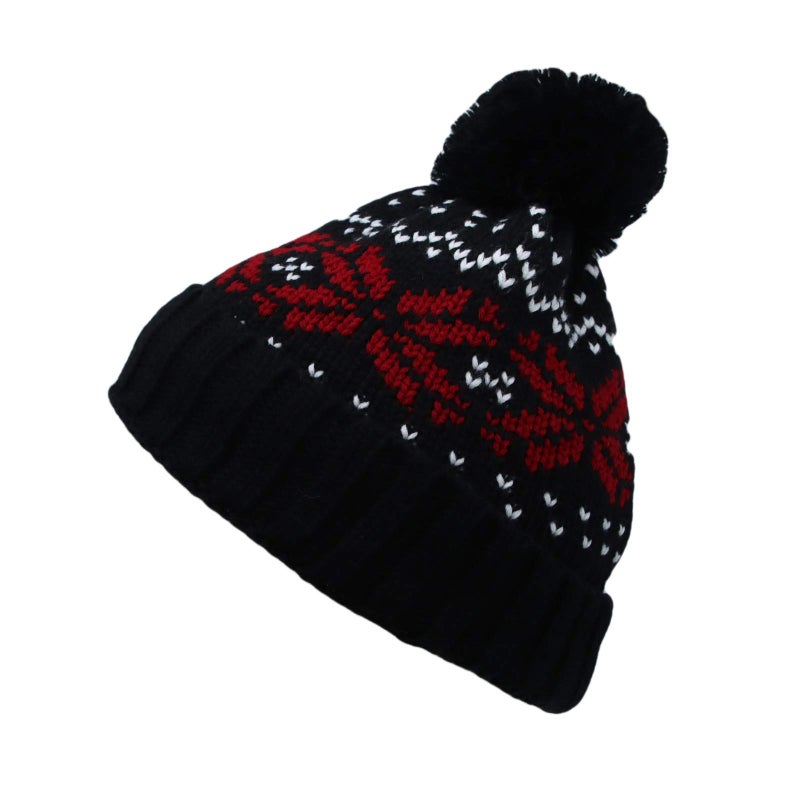 WITHMOONS Knit Fairs Isle Nordic Bobble Pom Beanie Hat JZP0026 (Black) - Image 3