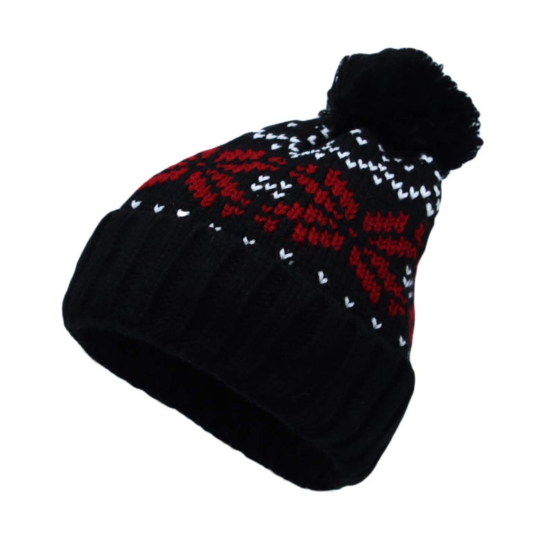 WITHMOONS Knit Fairs Isle Nordic Bobble Pom Beanie Hat JZP0026 (Black) - Image 1