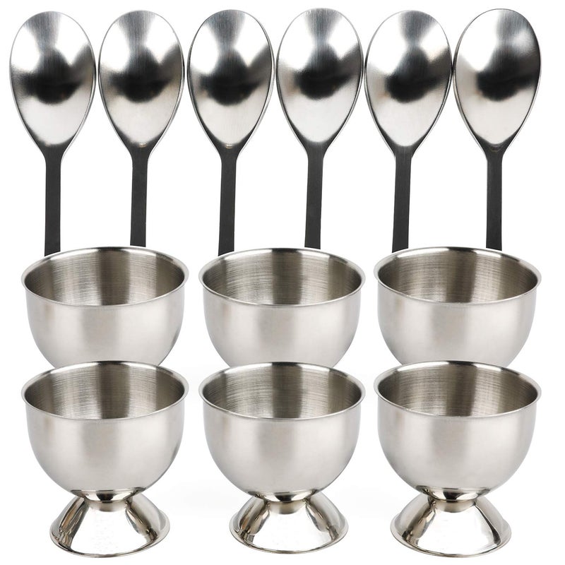 Stainless Steel Egg Cups Set for Hard Soft Boiled Eggs with 6 Egg Cup Holders 6 Egg Spoons