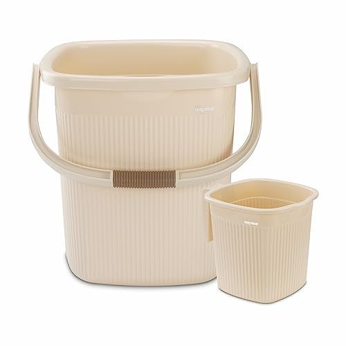 Nayasa Rimmy Plastic Bathroom Set of 2 (25 Litre Bucket + 1.5 Litre Mug) Medium, Beige - Image 1