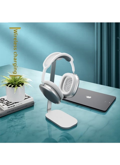 Wireless Charger Headset Bracket Headset Hanger Aluminum Metal Storage Airpods Max-Color:Silver White-wireless Charging Version (15W)