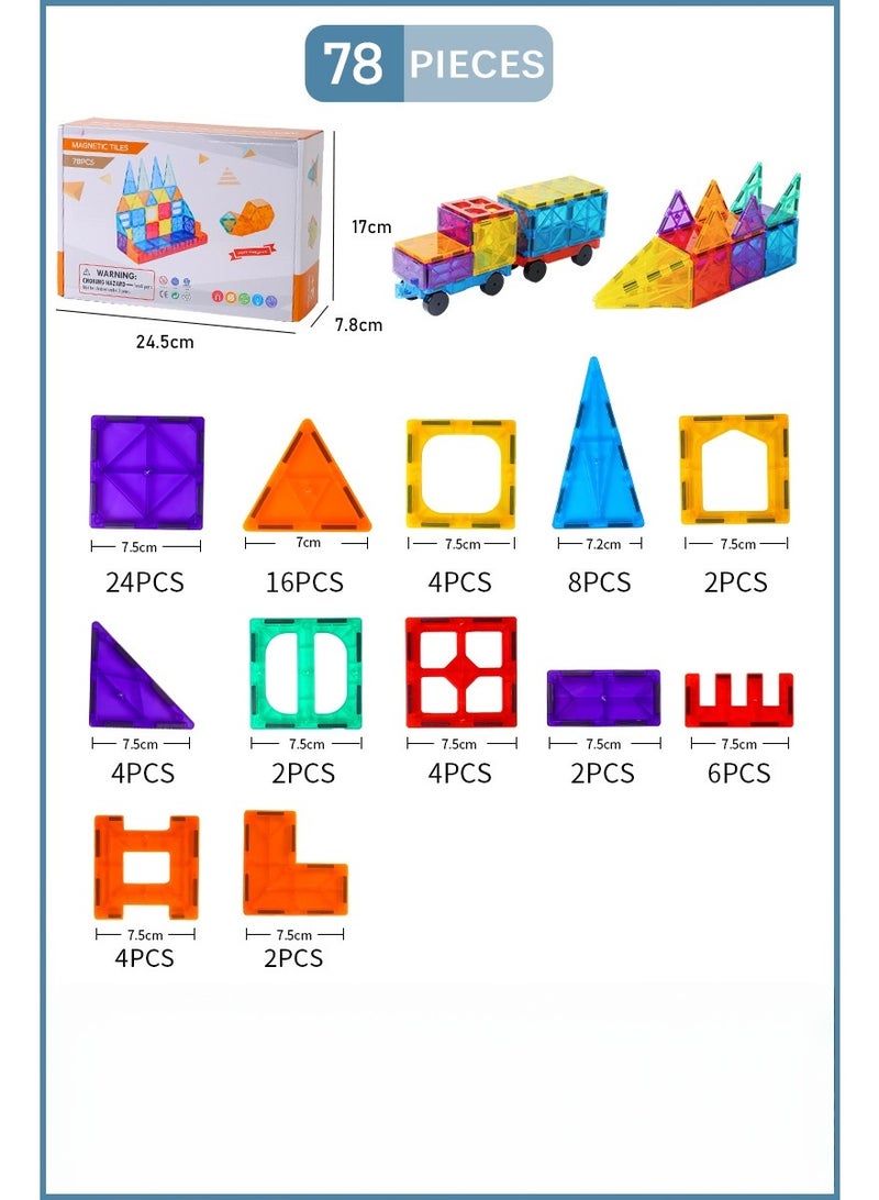 78-Piece Magnetic Tiles Building Blocks Set - STEM Educational Toys for Kids Ages 3+ | Creative Learning & Developmental Gift Idea for Toddlers Boys & Girls - Image 3