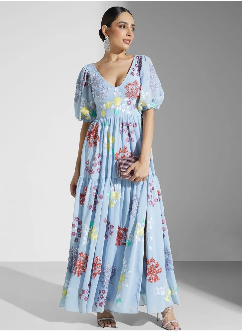 Maya Embroidered Puff Sleeve  Side Slit Dress