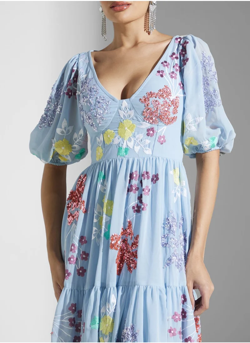 Maya Embroidered Puff Sleeve  Side Slit Dress