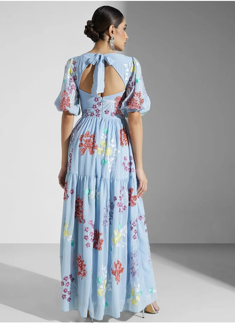 Maya Embroidered Puff Sleeve  Side Slit Dress