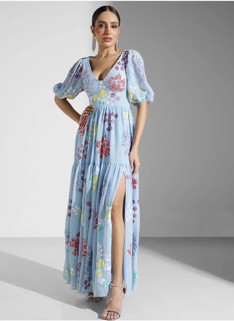 Maya Embroidered Puff Sleeve  Side Slit Dress