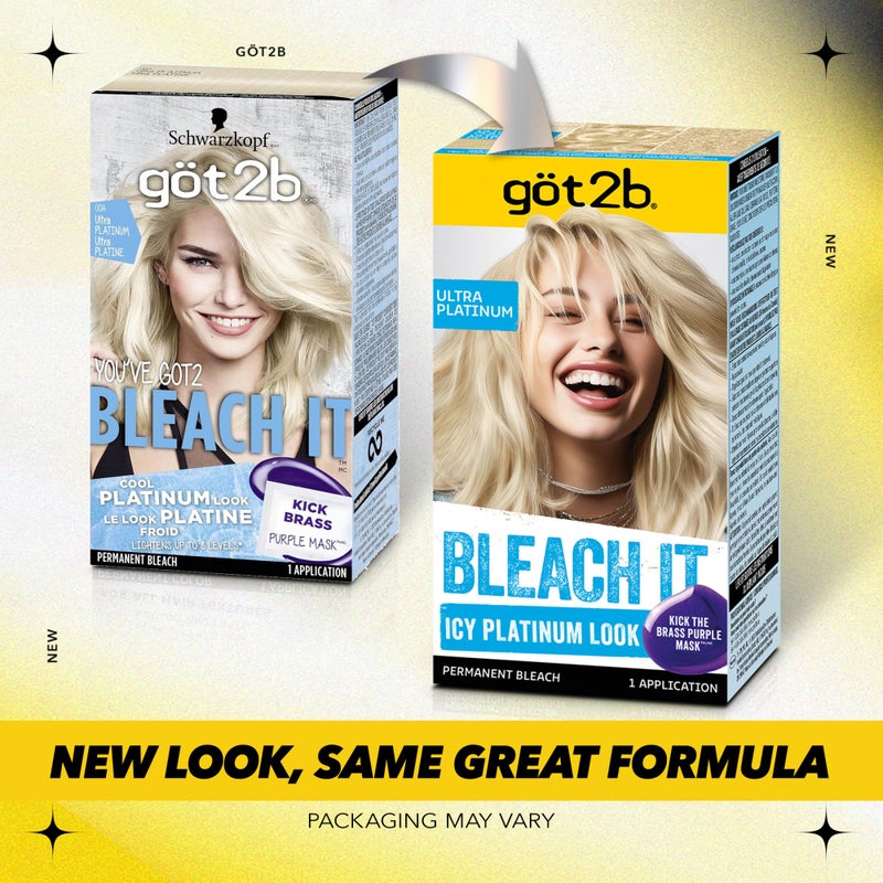 got2b Bleach It Permanent Hair Dye, Ultra Platinum Blonde, 00A, Hair Bleach Kit with Developer and Anti-Brass Purple Mask, Lightens Up to 8 Levels, Gel Formula for Easy Application, 1 Count - Image 2