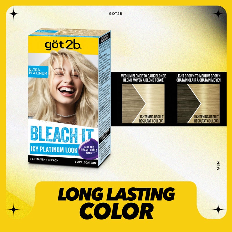 got2b Bleach It Permanent Hair Dye, Ultra Platinum Blonde, 00A, Hair Bleach Kit with Developer and Anti-Brass Purple Mask, Lightens Up to 8 Levels, Gel Formula for Easy Application, 1 Count - Image 3