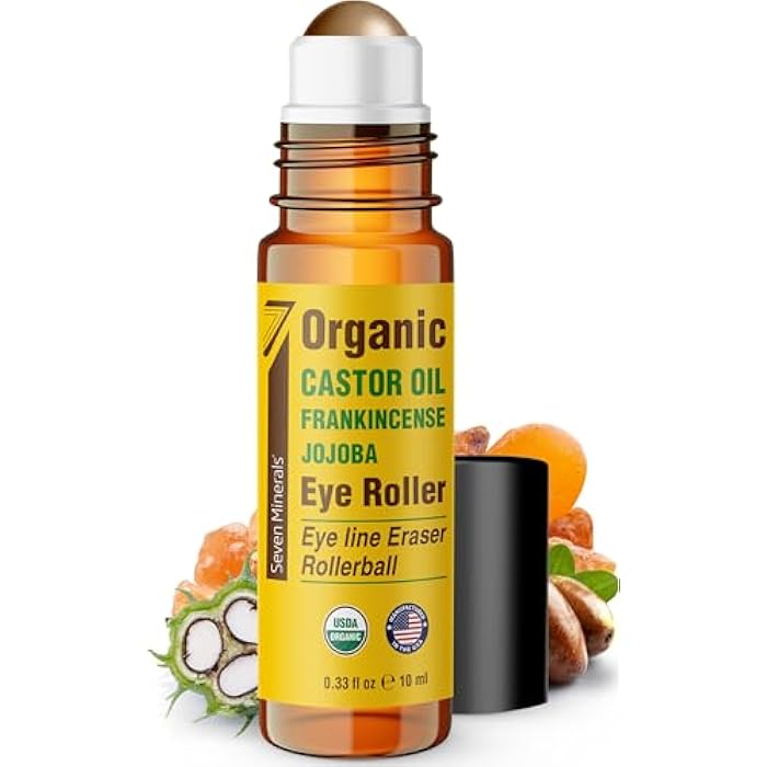 Seven Minerals Castor Oil Roll On Eye Roller for Under Eye Bags, Dark Circles & Wrinkles - Powerful Organic Blend of Castor, Frankincense & Jojoba - Brighten, and Revitalize Skin & Face - 0.33 fl oz - Image 1