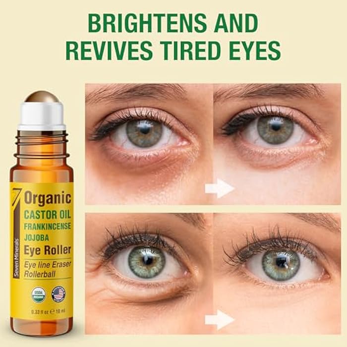 Seven Minerals Castor Oil Roll On Eye Roller for Under Eye Bags, Dark Circles & Wrinkles - Powerful Organic Blend of Castor, Frankincense & Jojoba - Brighten, and Revitalize Skin & Face - 0.33 fl oz - Image 2