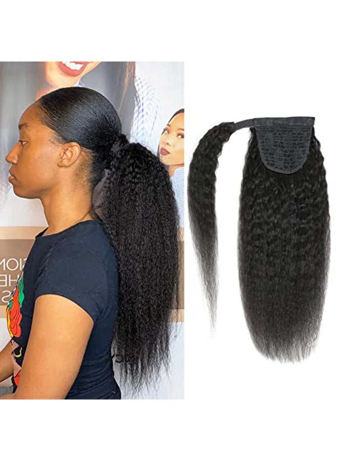 Adette 16 Inch Kinky Straight Ponytail Human Hair Brazilian Hair Magic Paste Ponytail with Comb Clip in Yaki Pony Tails for Black Women Natural Black Wrap Around Ponytail Hair Extensions - Image 1