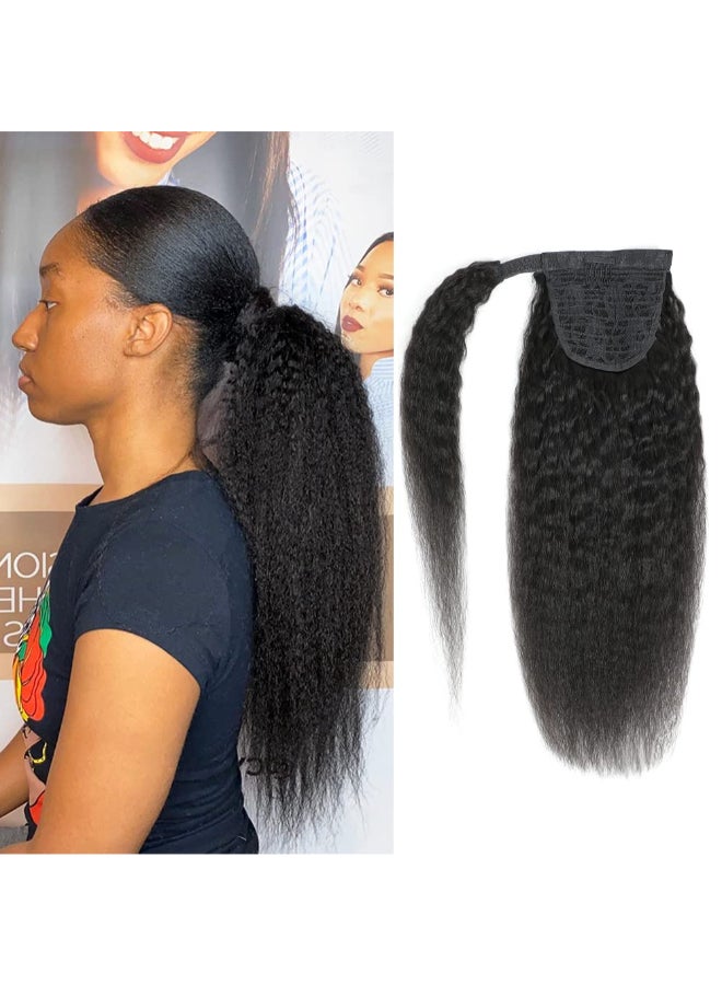 Adette 16 Inch Kinky Straight Ponytail Human Hair Brazilian Hair Magic Paste Ponytail with Comb Clip in Yaki Pony Tails for Black Women Natural Black Wrap Around Ponytail Hair Extensions - Image 2