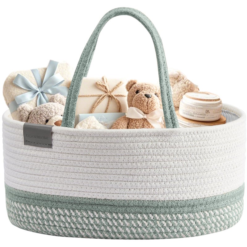 DECOMOMO Baby Caddy Organizer, Diaper Caddy Basket, Baby Baskets for Baby Shower (Sage Green & White, Large) - Image 1