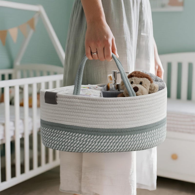 DECOMOMO Baby Caddy Organizer, Diaper Caddy Basket, Baby Baskets for Baby Shower (Sage Green & White, Large) - Image 5