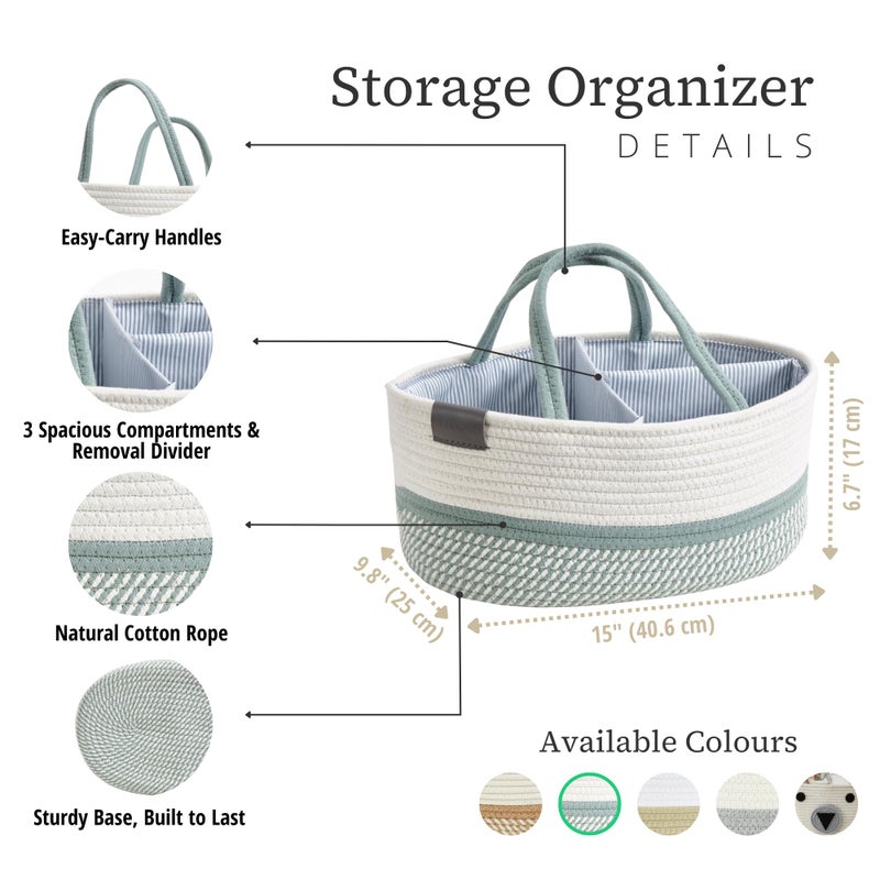 DECOMOMO Baby Caddy Organizer, Diaper Caddy Basket, Baby Baskets for Baby Shower (Sage Green & White, Large) - Image 3