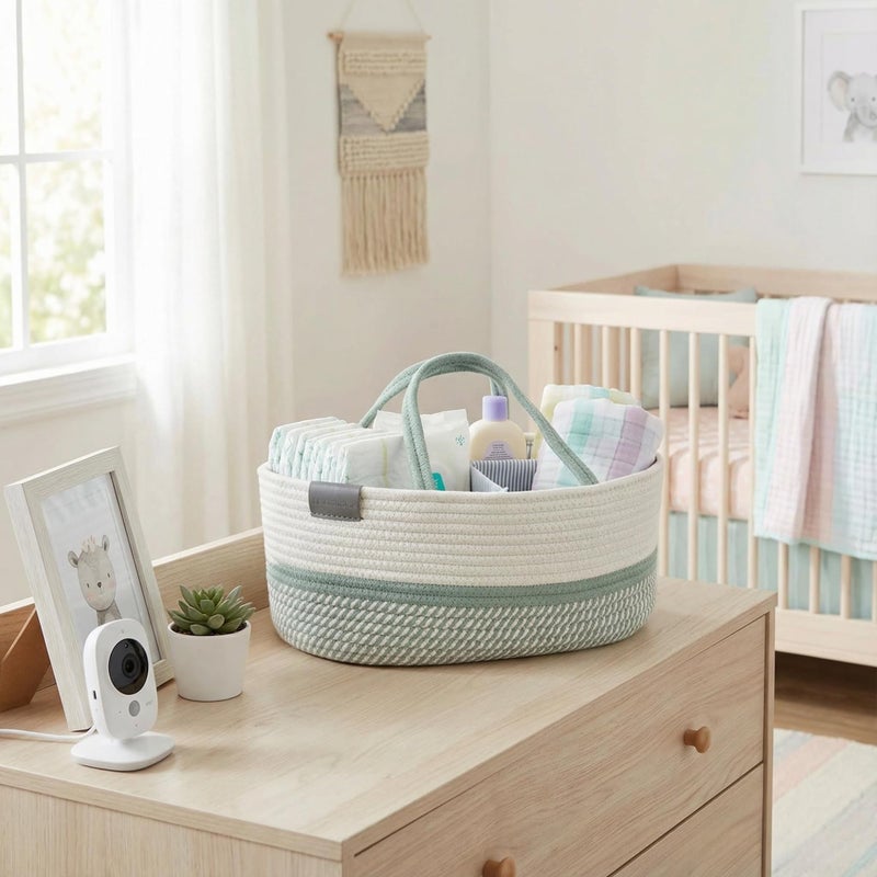 DECOMOMO Baby Caddy Organizer, Diaper Caddy Basket, Baby Baskets for Baby Shower (Sage Green & White, Large) - Image 2