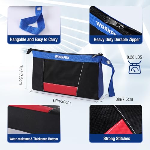 WORKPRO 12" Tool Pouches with Zipper, Heavy-Duty Small Tool Bag, Utility small tool pouch for Tool Organizers and Storage, Mini Tool Bag, 3 Pack - Image 2