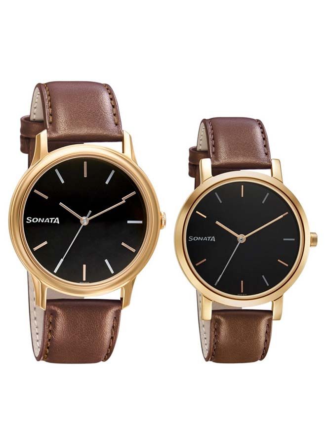 سوناتا طقم ساعات يد جلدية دائرية بعقارب مقاس  ملم لون بني فاتح - Image 4