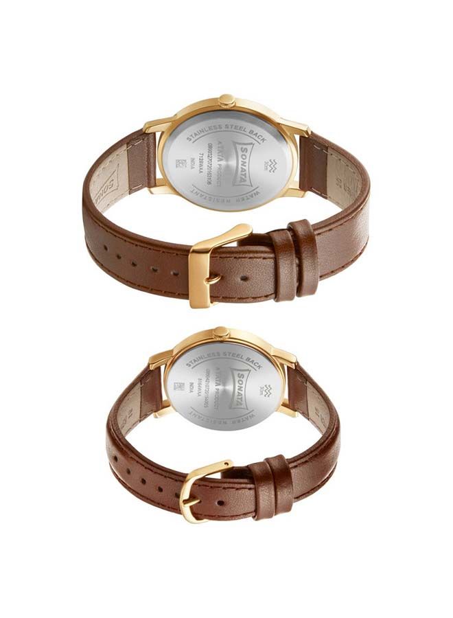 سوناتا طقم ساعات يد جلدية دائرية بعقارب مقاس  ملم لون بني فاتح - Image 3