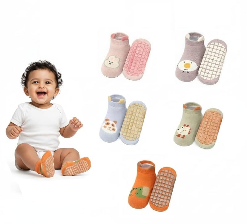 TONY STARK 5 Pairs Ultra-Soft Cotton Baby Socks Set, Antislip Socks for New Born Baby 0-3 Years, Non Slip Grip Ankle Socks with Non Skid Soles for Infants Baby Shower Gifts - Random colors - Image 1