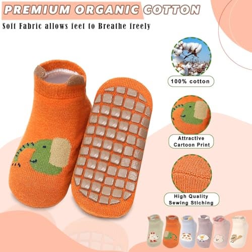 TONY STARK 5 Pairs Ultra-Soft Cotton Baby Socks Set, Antislip Socks for New Born Baby 0-3 Years, Non Slip Grip Ankle Socks with Non Skid Soles for Infants Baby Shower Gifts - Random colors - Image 2