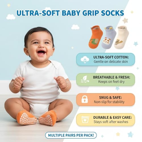 TONY STARK 5 Pairs Ultra-Soft Cotton Baby Socks Set, Antislip Socks for New Born Baby 0-3 Years, Non Slip Grip Ankle Socks with Non Skid Soles for Infants Baby Shower Gifts - Random colors - Image 3