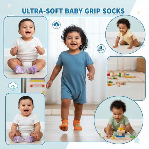 TONY STARK 5 Pairs Ultra-Soft Cotton Baby Socks Set, Antislip Socks for New Born Baby 0-3 Years, Non Slip Grip Ankle Socks with Non Skid Soles for Infants Baby Shower Gifts - Random colors - Image 4
