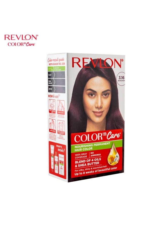 ريفلون صبغة شعر دائمة من ريفلون كولور آند كير للنساء - 3.16 برغندي | مزيج من 4 زيوت وزبدة الشيا | لشعر حريري ولامع ومغذي | تغطية كاملة للشعر الرمادي في 5 دقائق | خالية من الأمونيا - Image 1