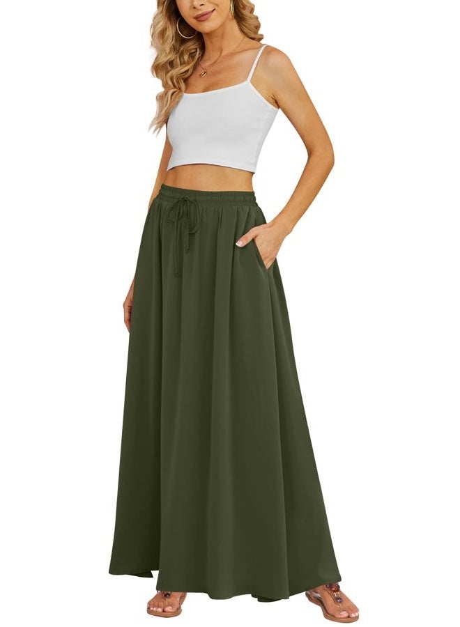 Yincro Women's Flowy Maxi Skirt Summer Pleated High Waisted Casual Long Skirts with Pockets, Army Green, S - Image 1